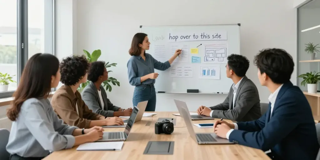 Team collaborating in a modern office discussing "hop over to this site" strategy.