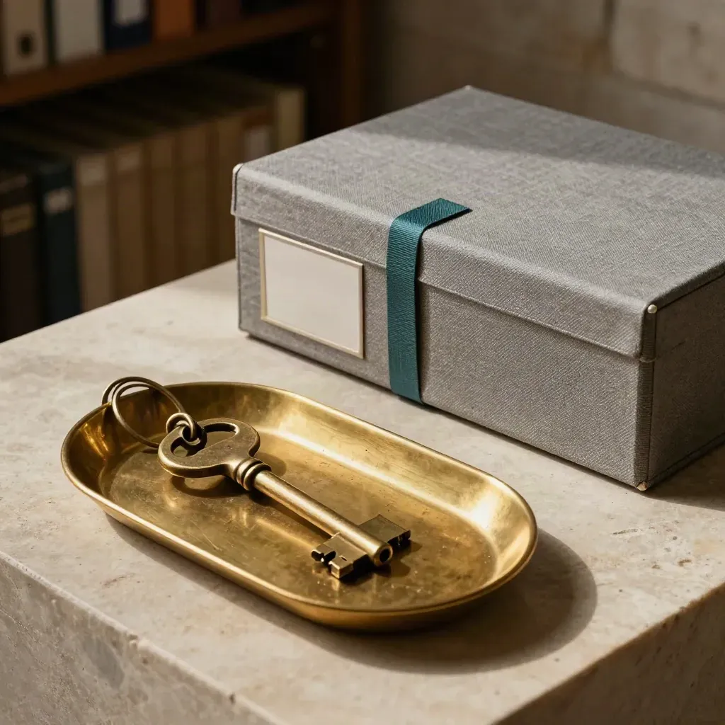 Vault key ring, brass counting tray and linen archive box on cool limestone