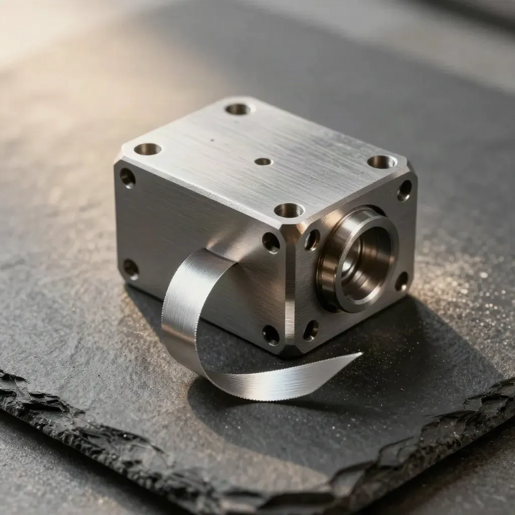 Macro steel housing, hex fasteners and aluminium swarf on slate under soft top light.