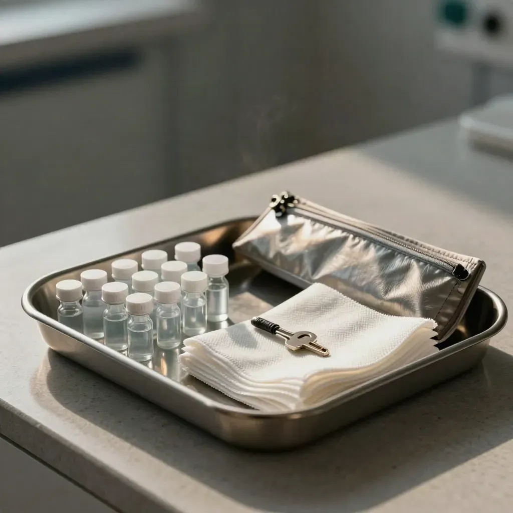 Clinical tray with ampoules, gauze, and sealed pouch on stone in dramatic side light.