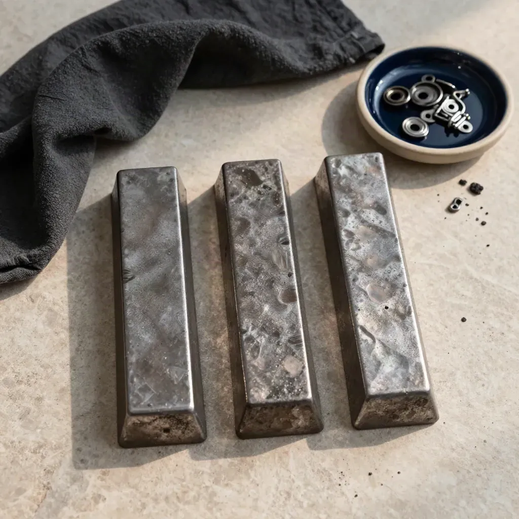 Forged steel ingots with graphite cloth and fasteners on pale stone in soft editorial light.