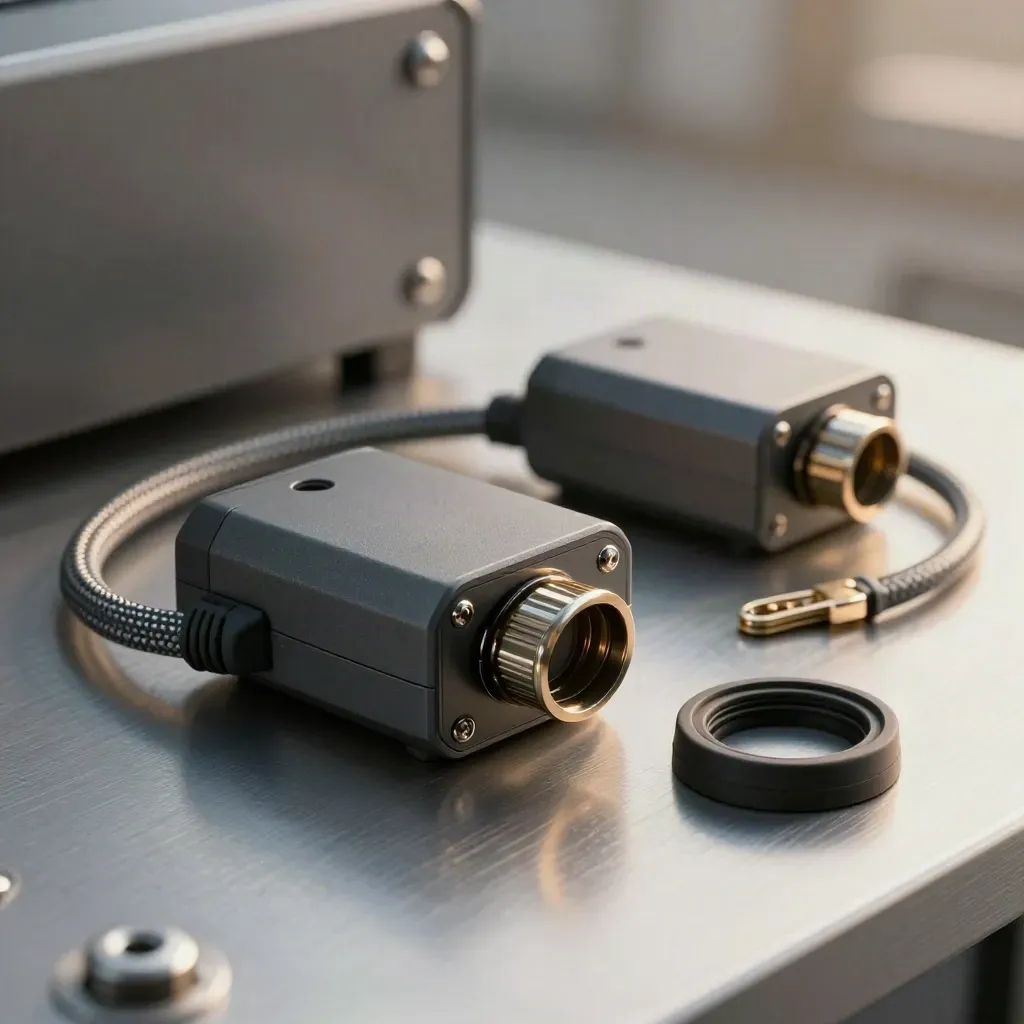Telematics module, braided cable and grommet on brushed metal in dramatic studio light.