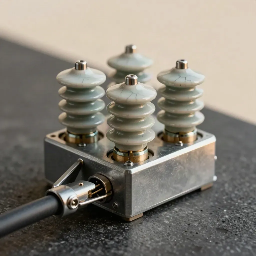 Macro still life of terminal blocks, ceramic insulators, and a breaker lockout clip on dark stone.