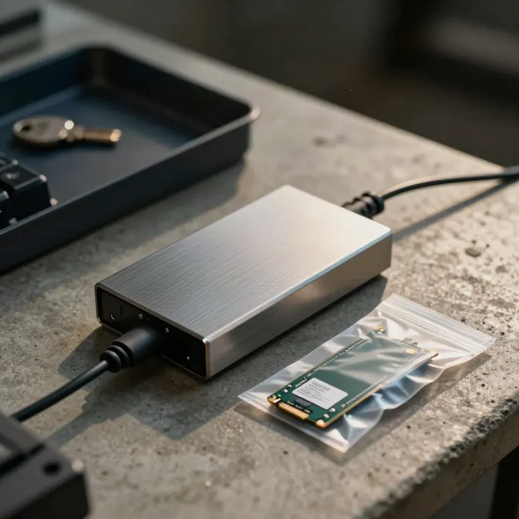 Write-blocker, SSD in anti-static pouch, and sealed evidence bag on a graphite bench.