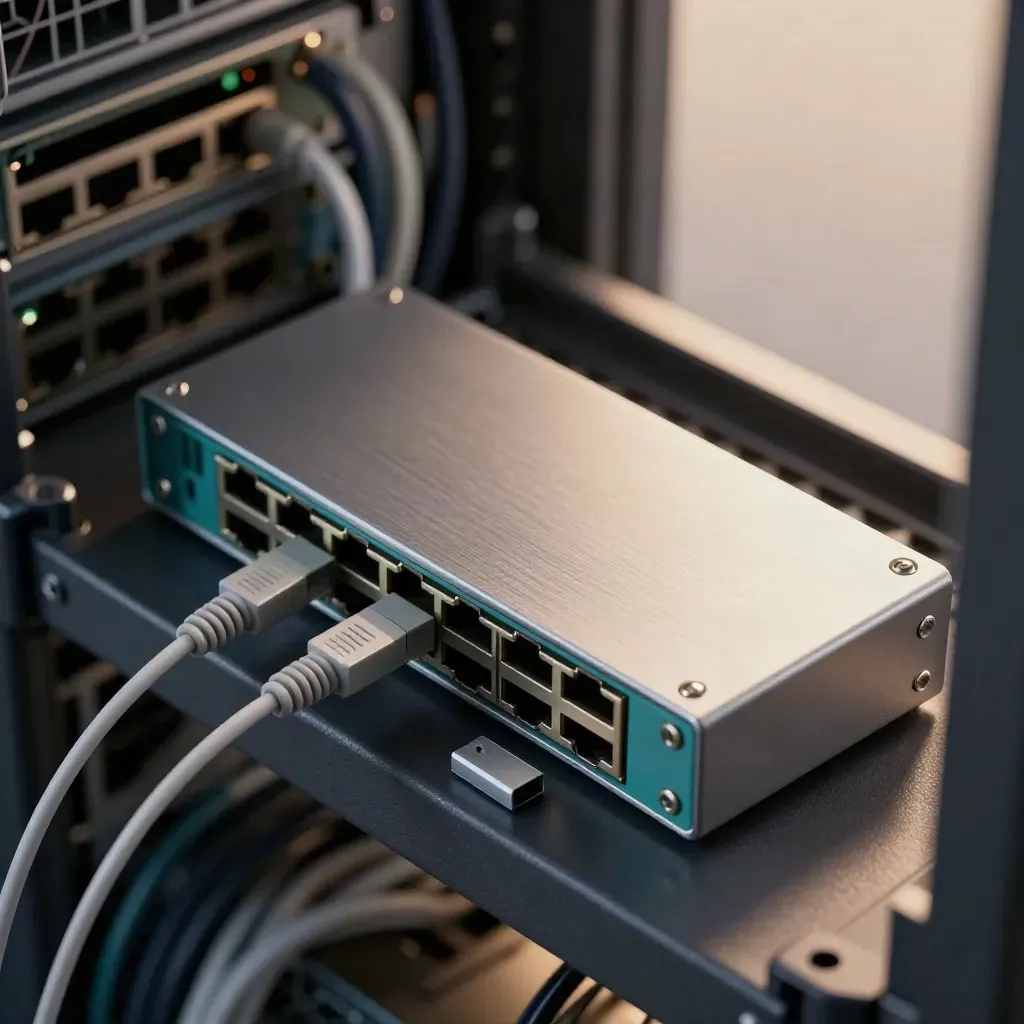 Network tap module with fibre tails and a dongle on a brushed-metal rack shelf.