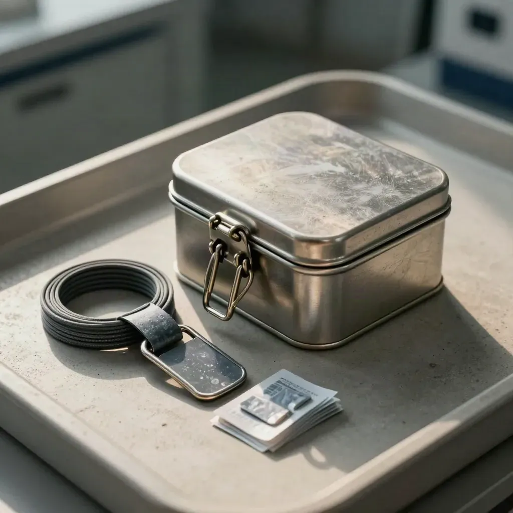 Overhead macro of a shut incident response kit with metal evidence tin, cable seals and lockout tags.