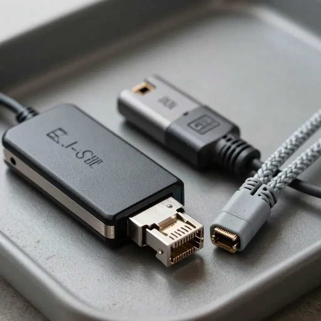 Macro still life of pen-testing hardware: dongle, Ethernet coupler and braided adapter leads.