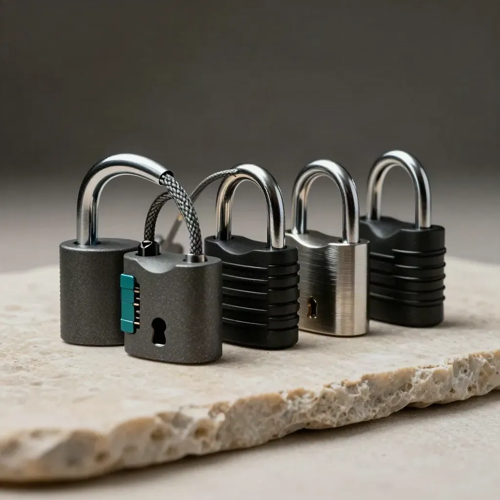 Port blockers, cable locks, and lock-shackle pack arranged on pale stone in dramatic studio light.