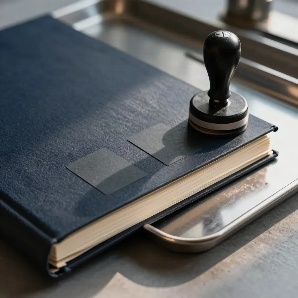 Closed binder, seal stickers, and rubber stamp on an aluminium tray