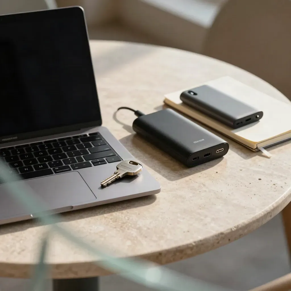 Closed laptop, security key, router, power bank and folded notebook on a stone café table.