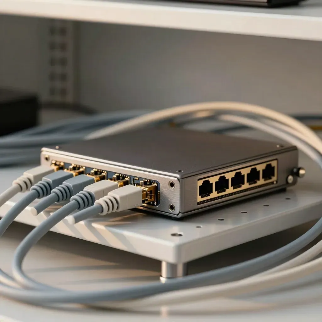 Desktop dock, SFP module, patch leads and port blockers on an equipment shelf