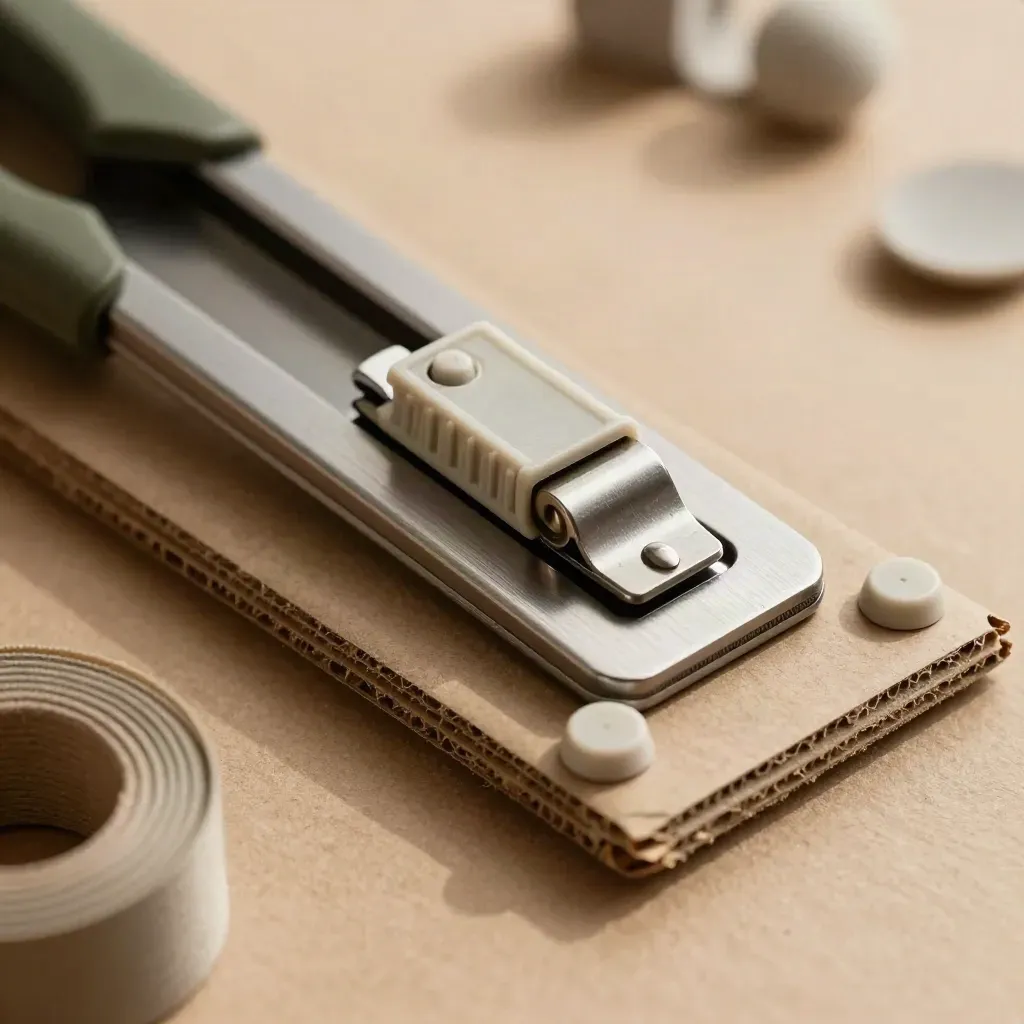 Macro packing still life with seal cutter, corner protectors, and strapping buckle on kraft board.