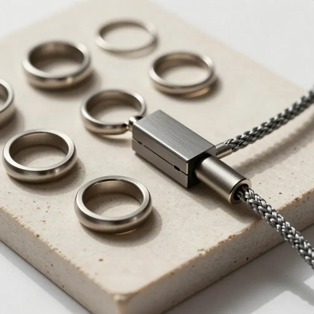 Brushed-metal rings, connector block and braided cable in a precise macro flatlay on creamy stone.