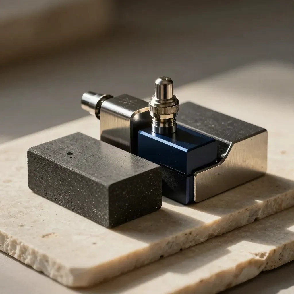 Machined blocks, corner bracket and precision plug on pale stone under dramatic studio light.
