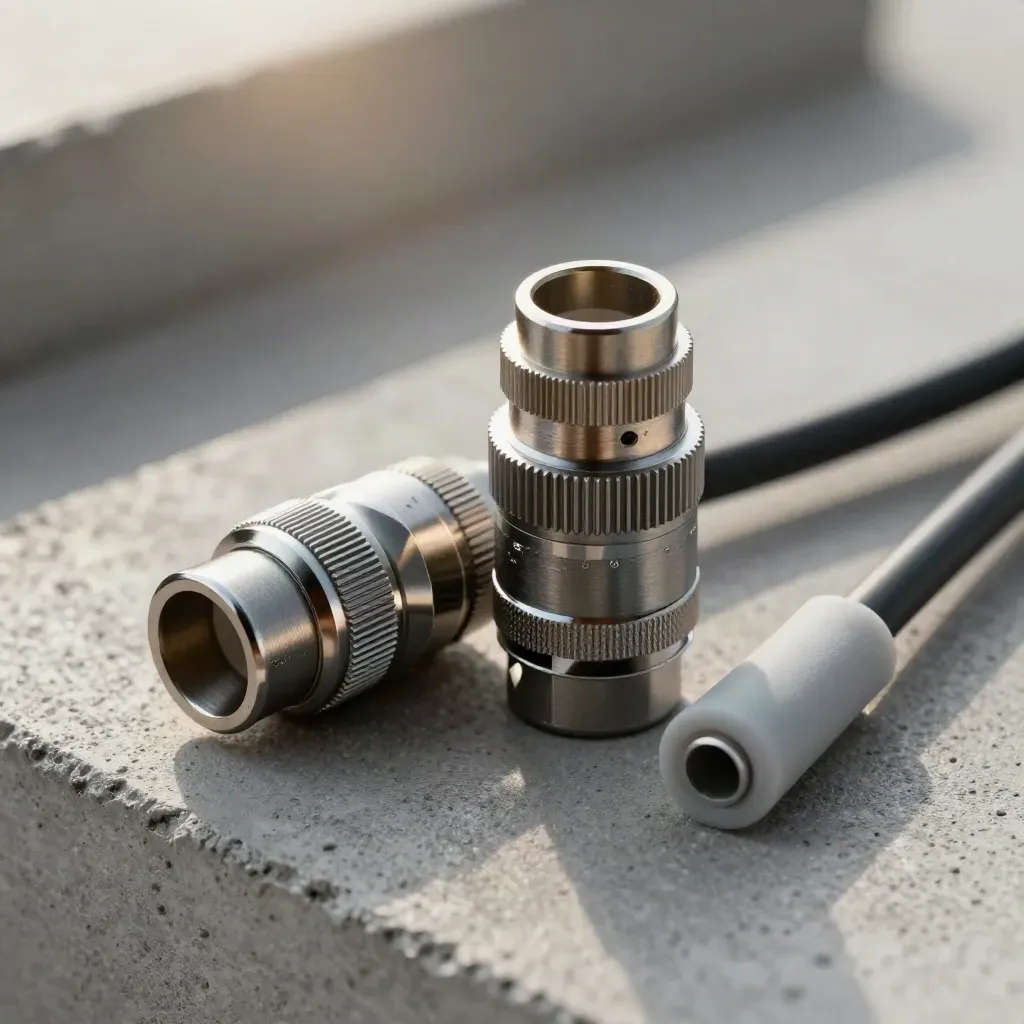 Nested metal connectors and a short cable loop on cool concrete, lit with soft directional light.