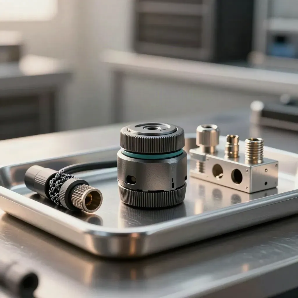 Macro still life of a sensor puck, cable splitter and rack ear on brushed metal with a teal ring.