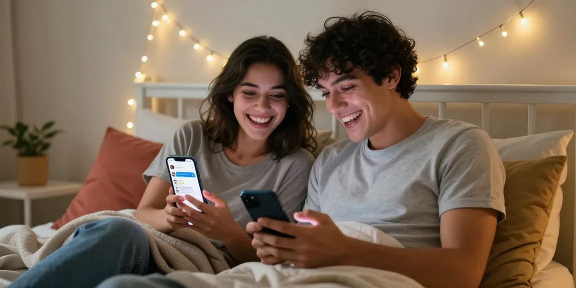 Engaged couple enjoying ai nsfw chat on smartphones in a cozy bedroom atmosphere.